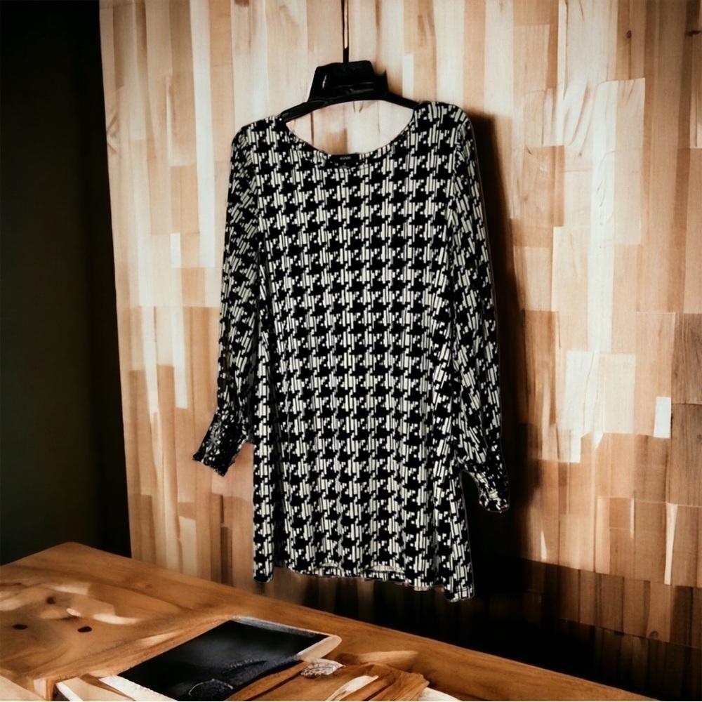 Alfani Black&White Print TunicDress SzM NWOT Sheer Sleeve W Leathercuff -A line‌